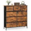 Rustic brown 9-drawer fabric dresser with wooden top, ideal for bedroom storage and organization.
