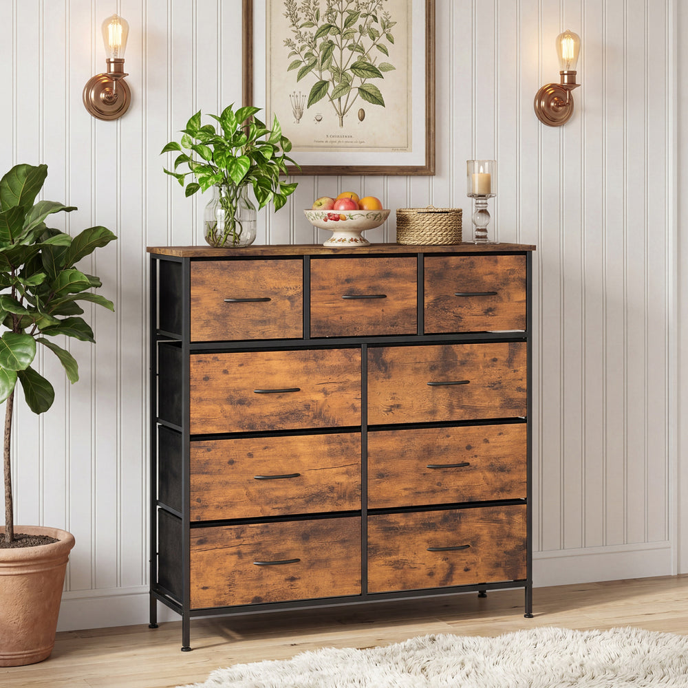 Rustic brown 9-drawer fabric dresser with wooden top, perfect for bedroom storage and organization.