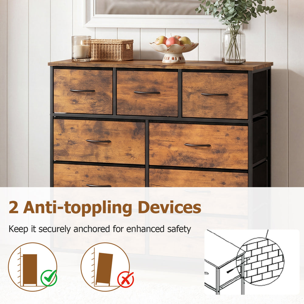 9-drawer fabric dresser in rustic brown with wooden top, featuring anti-toppling devices for enhanced safety.