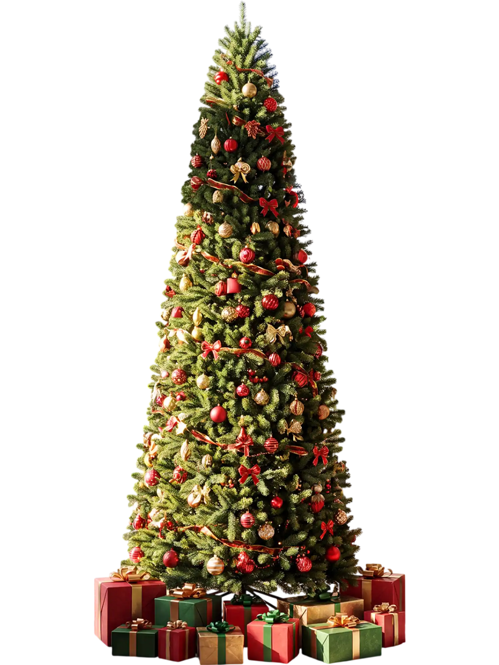Pencil Alpine Christmas tree with 1345 branch tips and 550 dual-color LED lights, perfect for festive holiday decor.