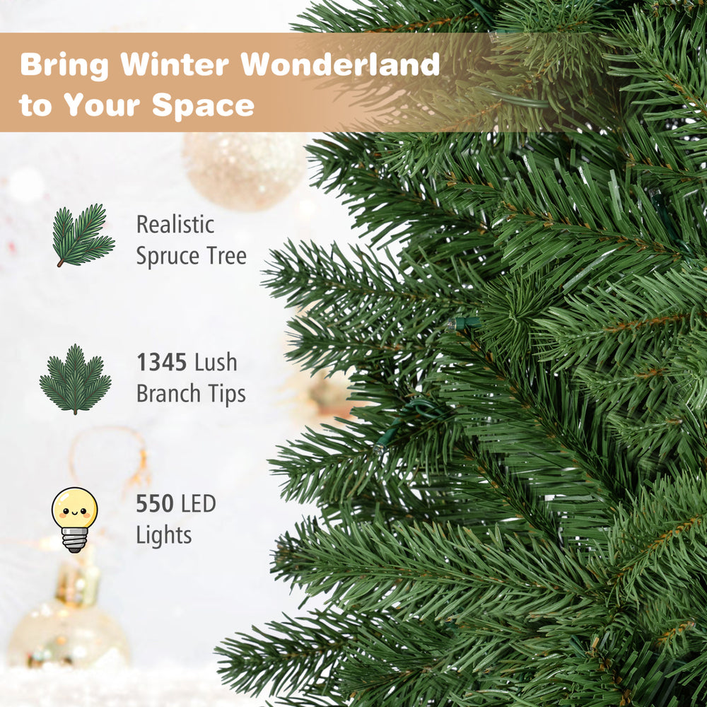 9 FT Pencil Alpine Christmas tree with 1345 full branch tips and 550 dual-color LED lights for festive holiday decor.