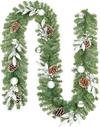 9FT pre-lit artificial Christmas garland featuring 50 warm white LED lights, pine cones, silver balls, and holly berries.
