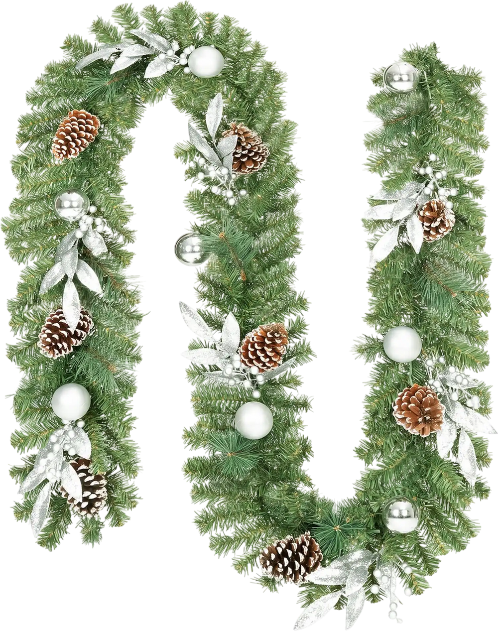 9FT pre-lit artificial Christmas garland featuring 50 warm white LED lights, pine cones, silver balls, and holly berries.