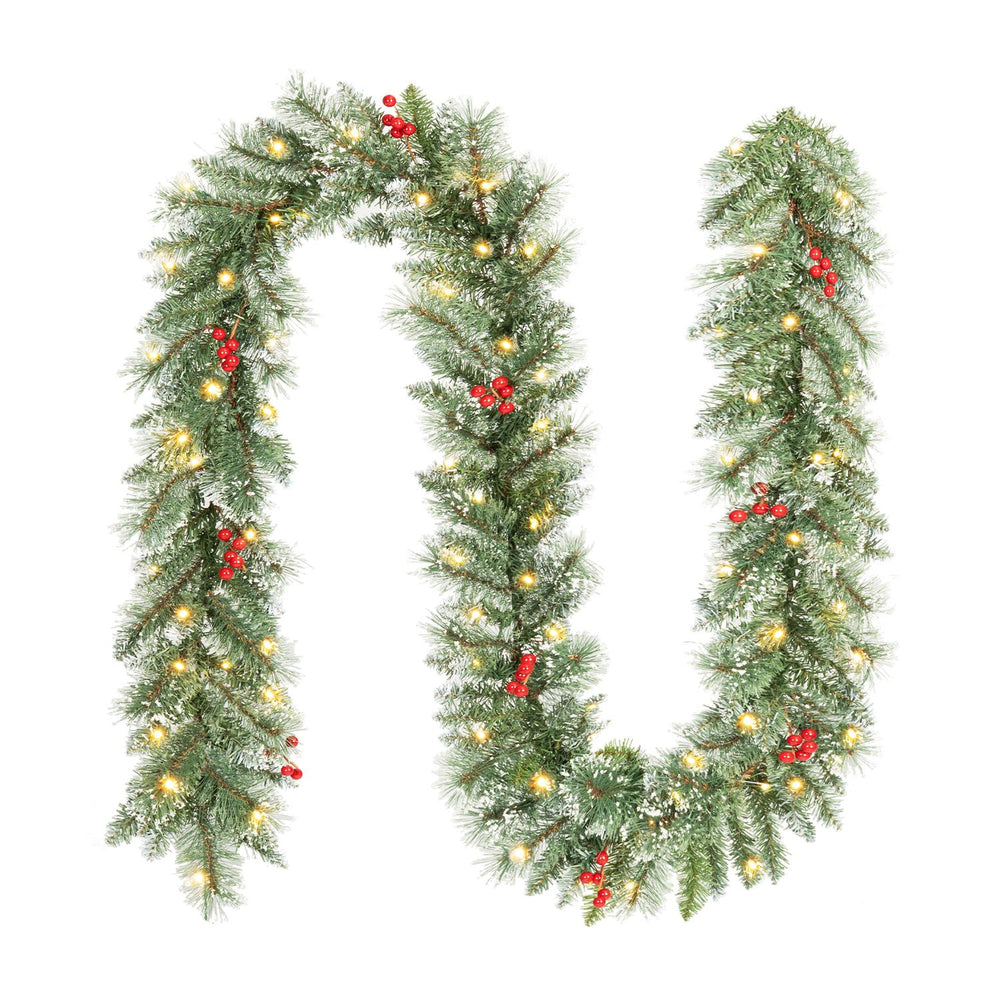 9 FT Christmas garland with 180 frosted branch tips, red berries, and 50 warm white LED lights for holiday décor.