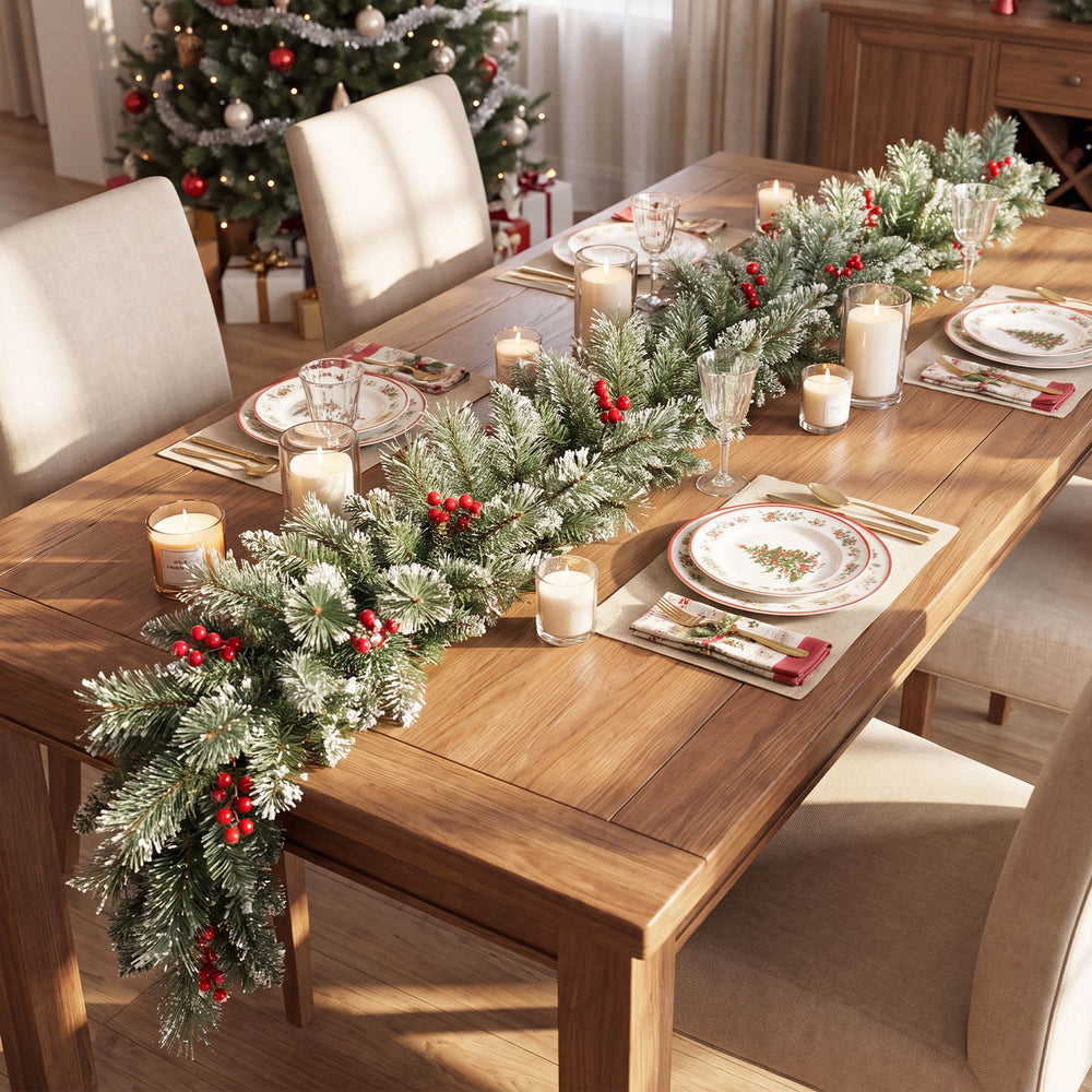 9 FT Christmas garland with 180 frosted branch tips, red berries, and 50 warm white LED lights on a dining table.