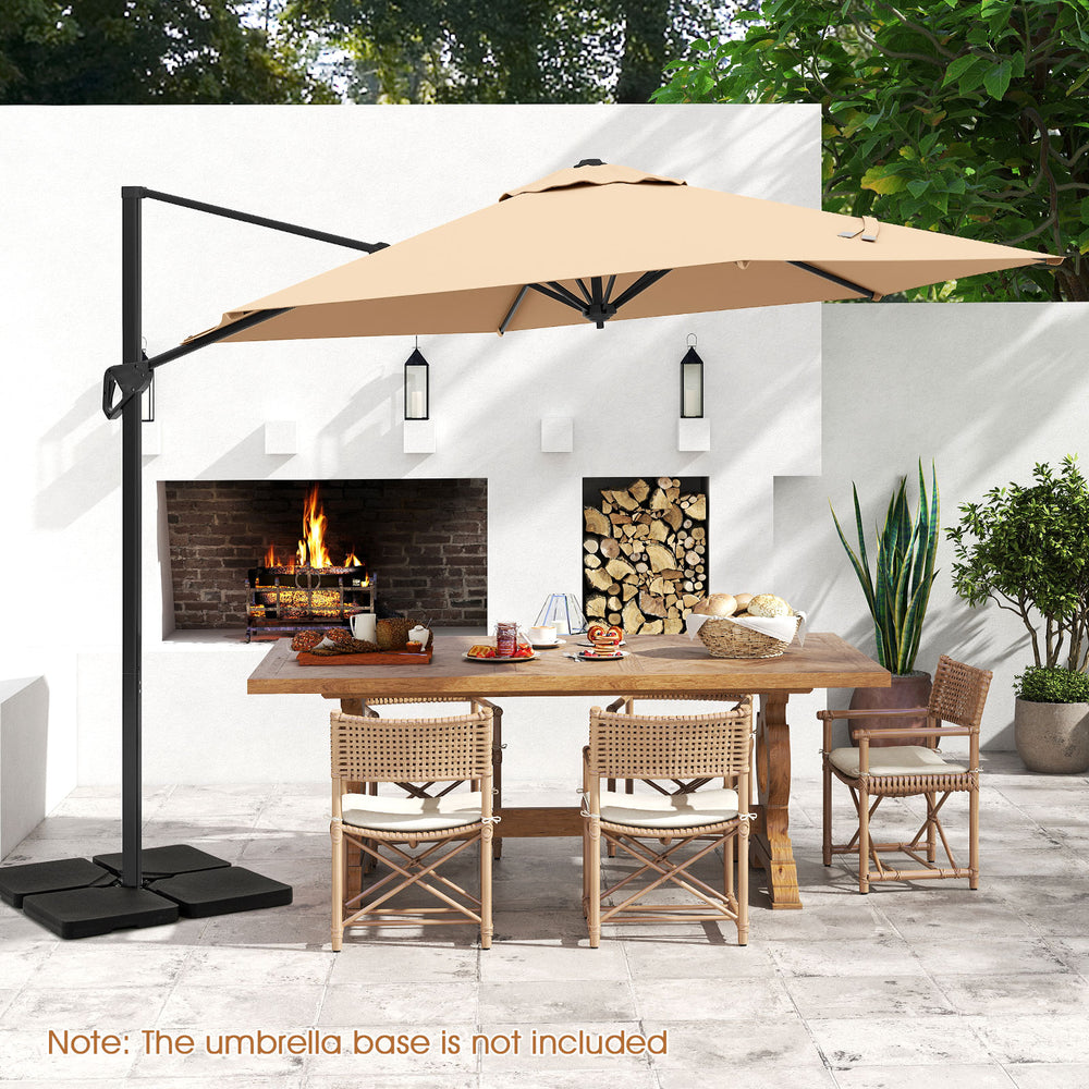 9 FT cantilever patio umbrella in beige with vented top, providing sun protection for outdoor dining areas.