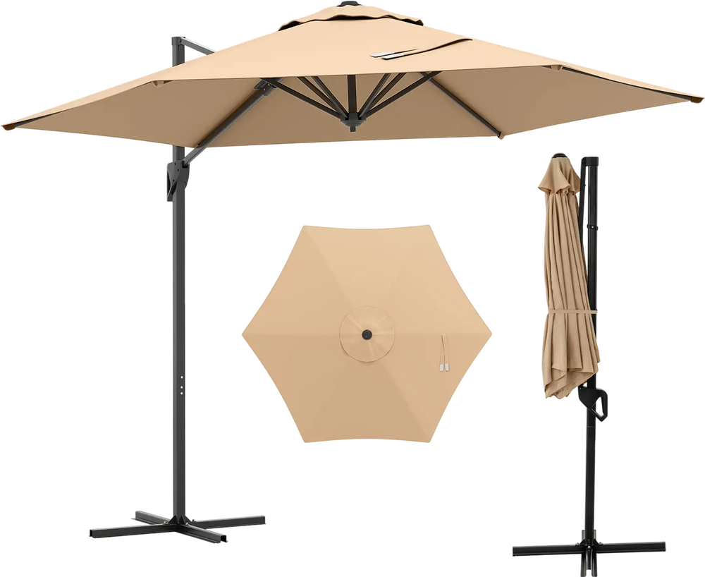 9 FT cantilever patio umbrella in beige with vented top, ideal for shading patios, gardens, and pools.