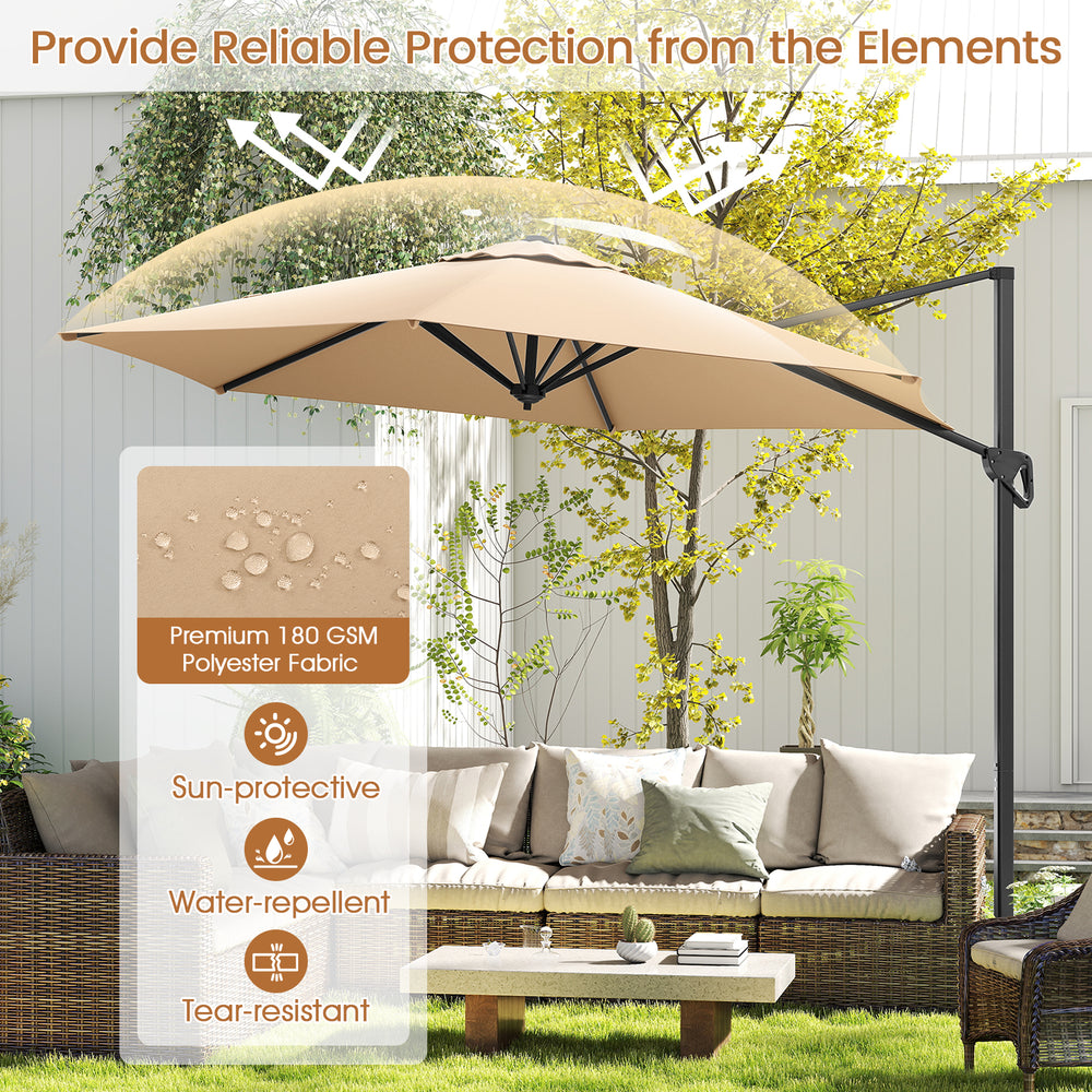 9 FT cantilever patio umbrella in beige with vented top, sun-protective canopy, ideal for outdoor shading solutions.