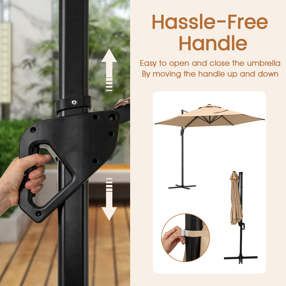 Hassle-free handle for the 9 FT cantilever patio umbrella, featuring a beige sun-protective canopy for easy opening.