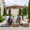 9 FT cantilever umbrella with a vented canopy and heavy-duty frame, providing shade for outdoor seating by the pool.