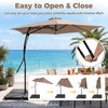 9 FT cantilever umbrella with a smooth handle and cross base, featuring sun-resistant fabric for outdoor relaxation.