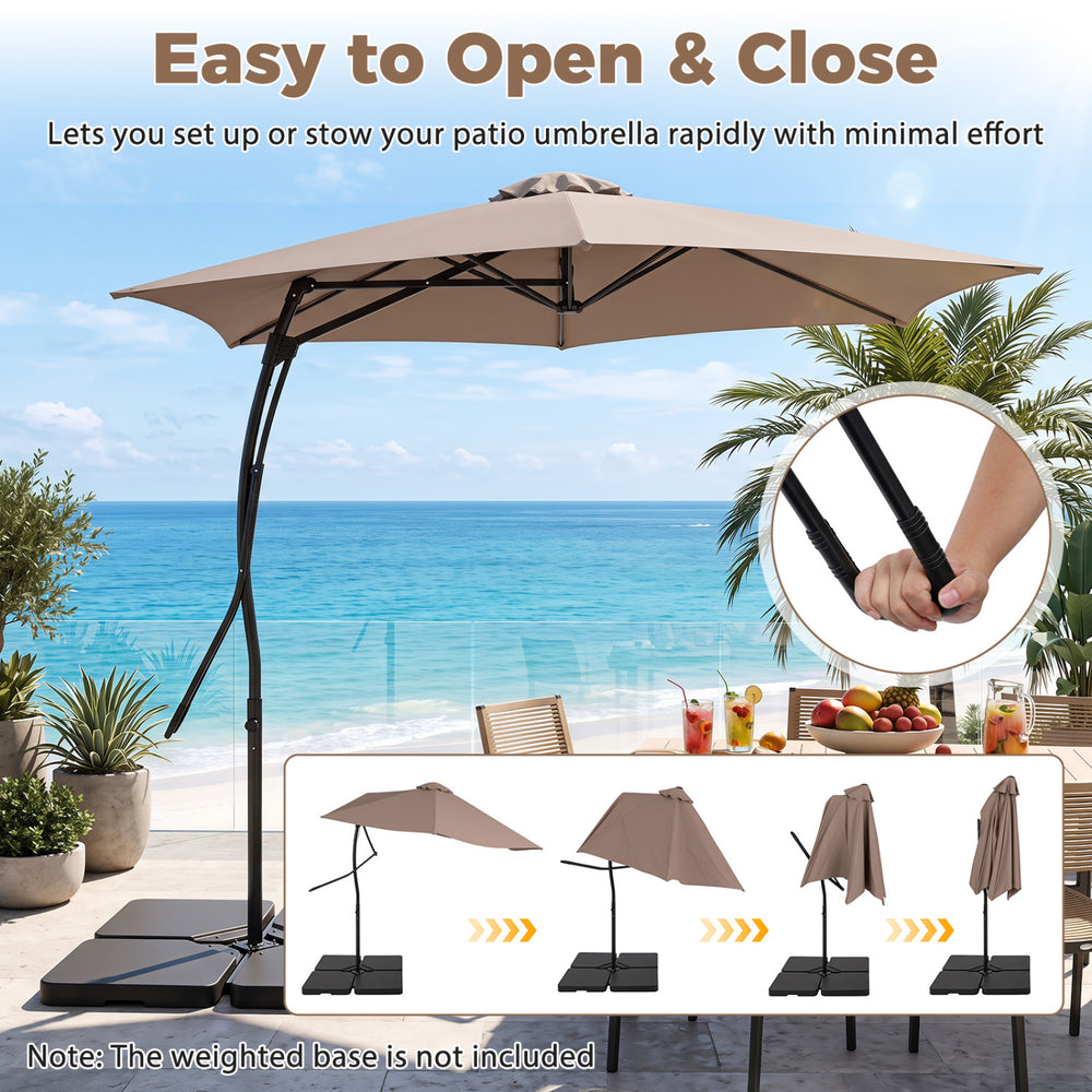 9 FT cantilever umbrella with a smooth handle and cross base, featuring sun-resistant fabric for outdoor relaxation.