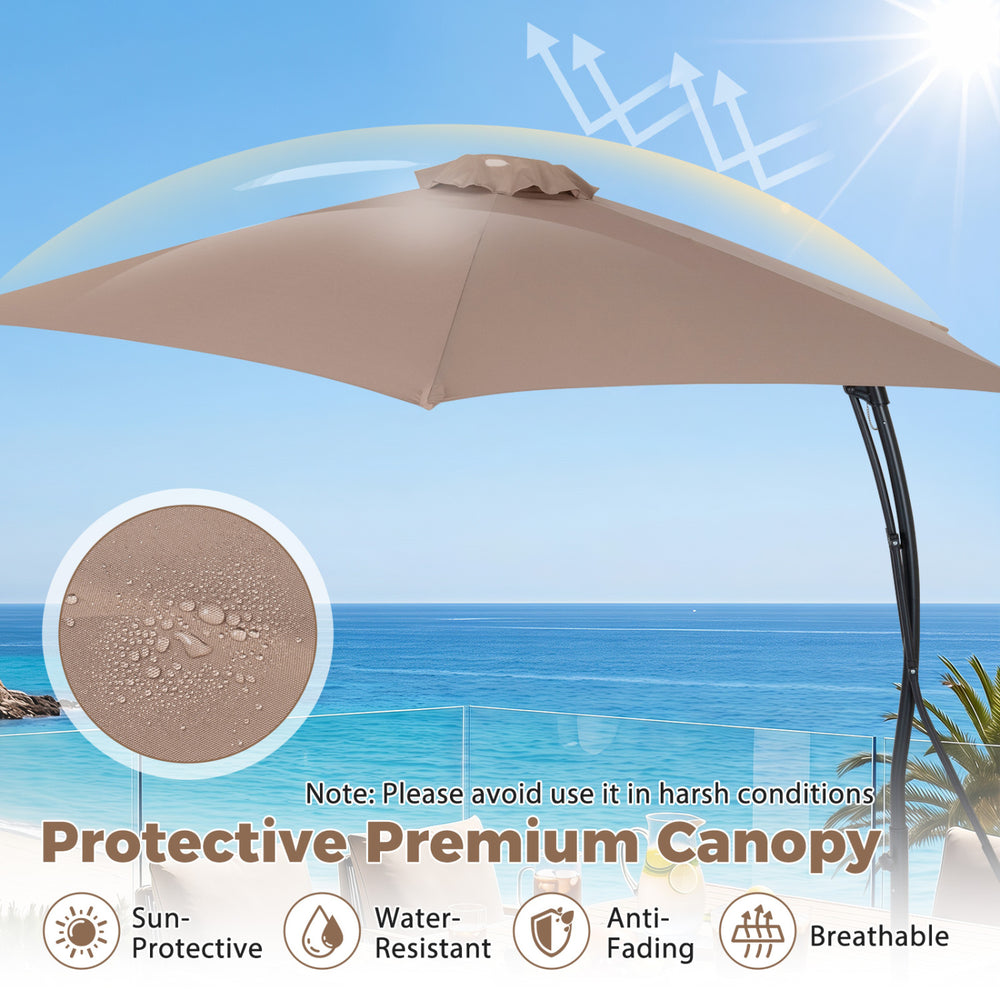 9 FT cantilever umbrella with a vented canopy, sun-resistant fabric, and included cross base for outdoor relaxation.