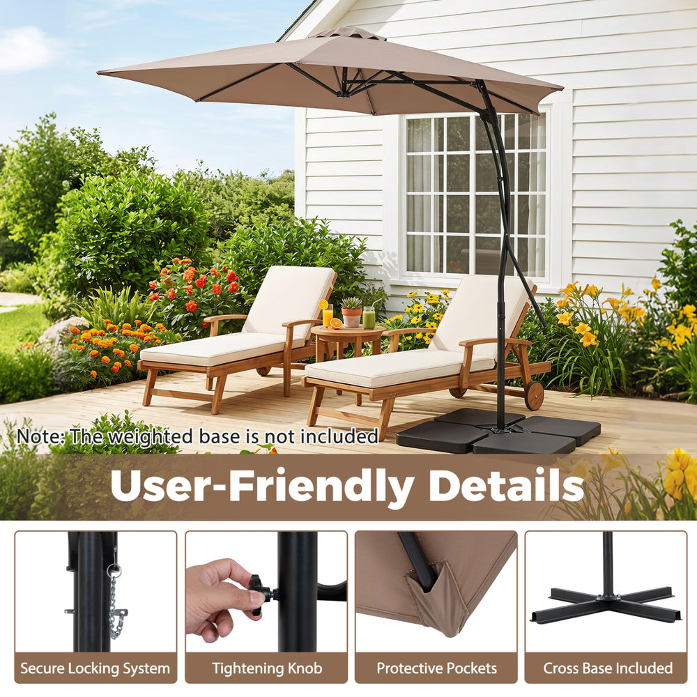9 FT cantilever umbrella in brown features a vented canopy and smooth handle, perfect for outdoor relaxation.