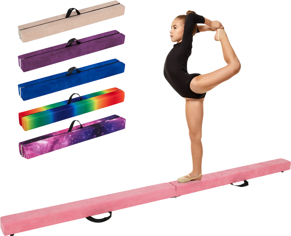 9 FT pink folding gymnastics balance beam with anti-slip base, designed for stability and comfort during training.