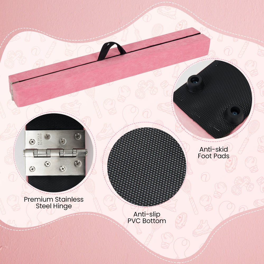 9 FT folding gymnastics balance beam with pink pine wood frame, anti-slip PVC bottom, and premium stainless steel hinge.