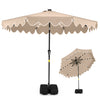 9 FT brown outdoor patio umbrella with solar LED lights, ruffled edges, and weighted base for secure placement.