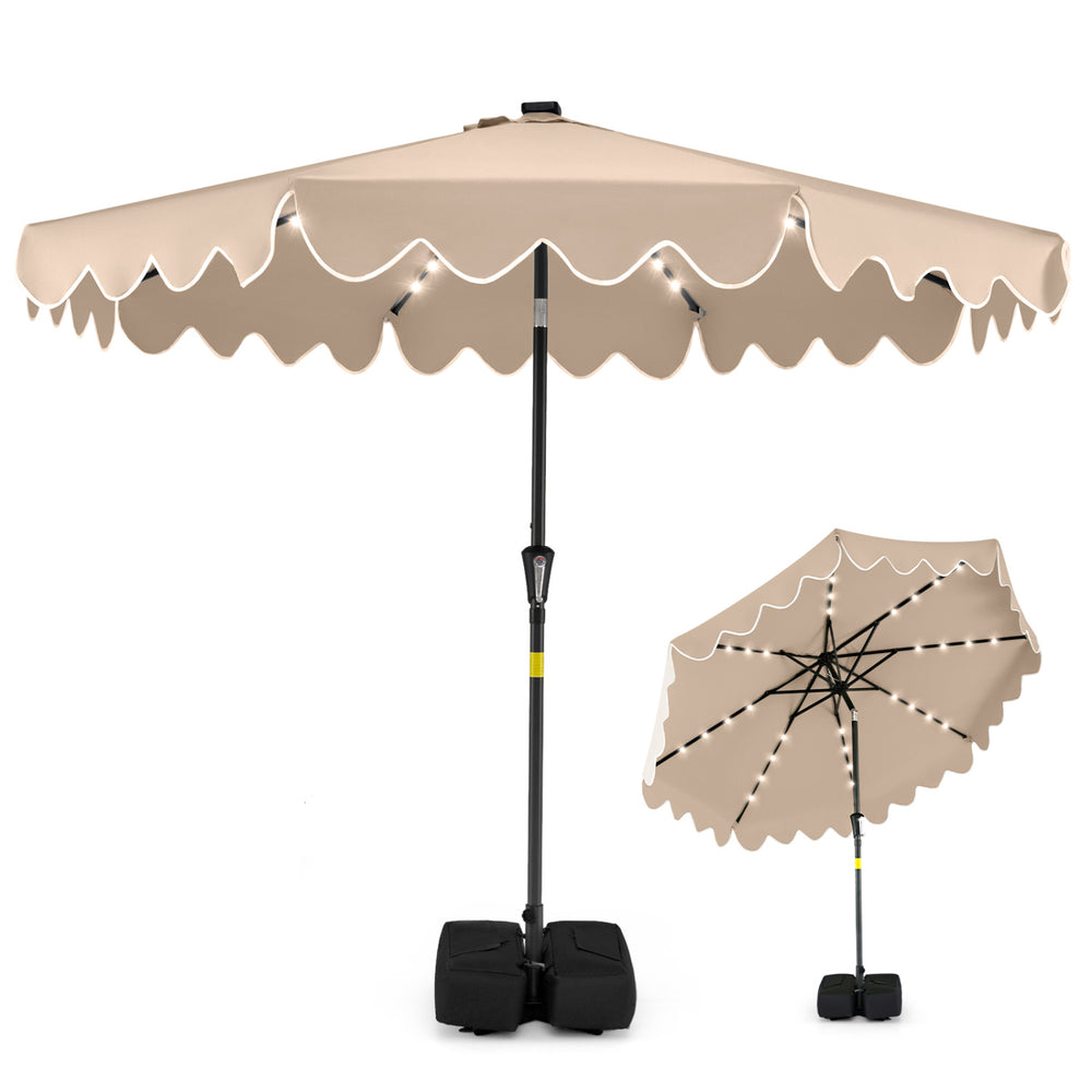 9 FT brown outdoor patio umbrella with solar LED lights, ruffled edges, and weighted base for secure placement.