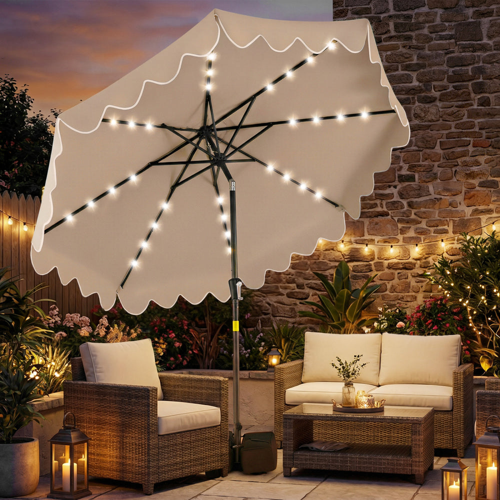 9 FT Outdoor Patio Umbrella with Solar LED Lights and Weighted Base-Brown - Gallery View 1 of 10