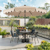 9 FT outdoor patio umbrella in brown with solar LED lights, tilted for optimal shade, set in a stylish garden.