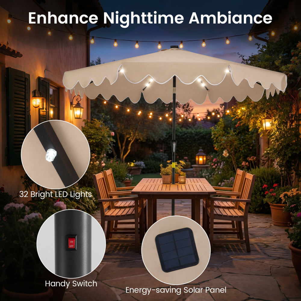 9 FT brown outdoor patio umbrella with solar LED lights, ruffled edges, and a weighted base for secure placement.