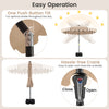 9 FT outdoor patio umbrella with solar LED lights, featuring a crank for easy opening and tilting for optimal shade.