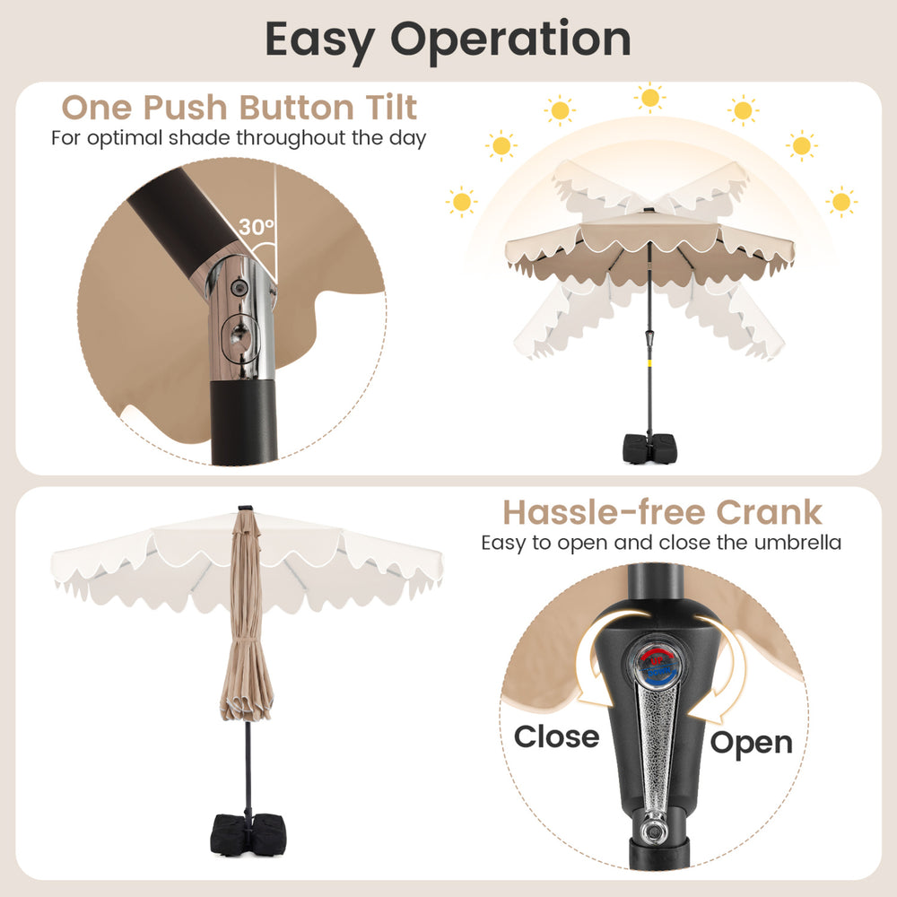 9 FT outdoor patio umbrella with solar LED lights, featuring a crank for easy opening and tilting for optimal shade.