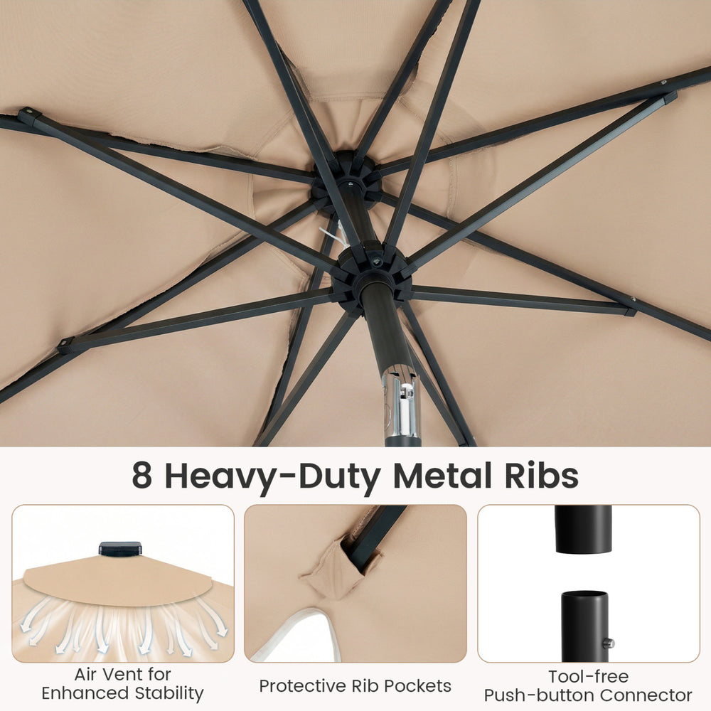 Close-up of the 9 FT outdoor patio umbrella's 8 heavy-duty metal ribs and air vent for enhanced stability and.