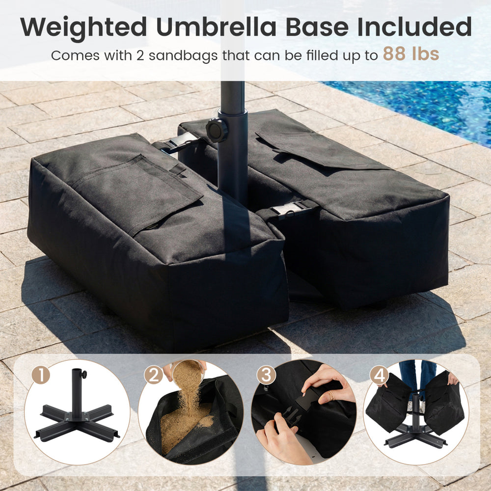 Weighted umbrella base with two sandbags for 88 lbs support, designed for the 9 FT outdoor patio umbrella.