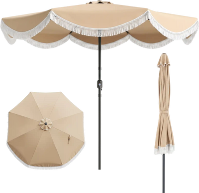 Costway 9' Patio Outdoor Fringe Tassel Umbrella Push Button Tilt 92042994 New