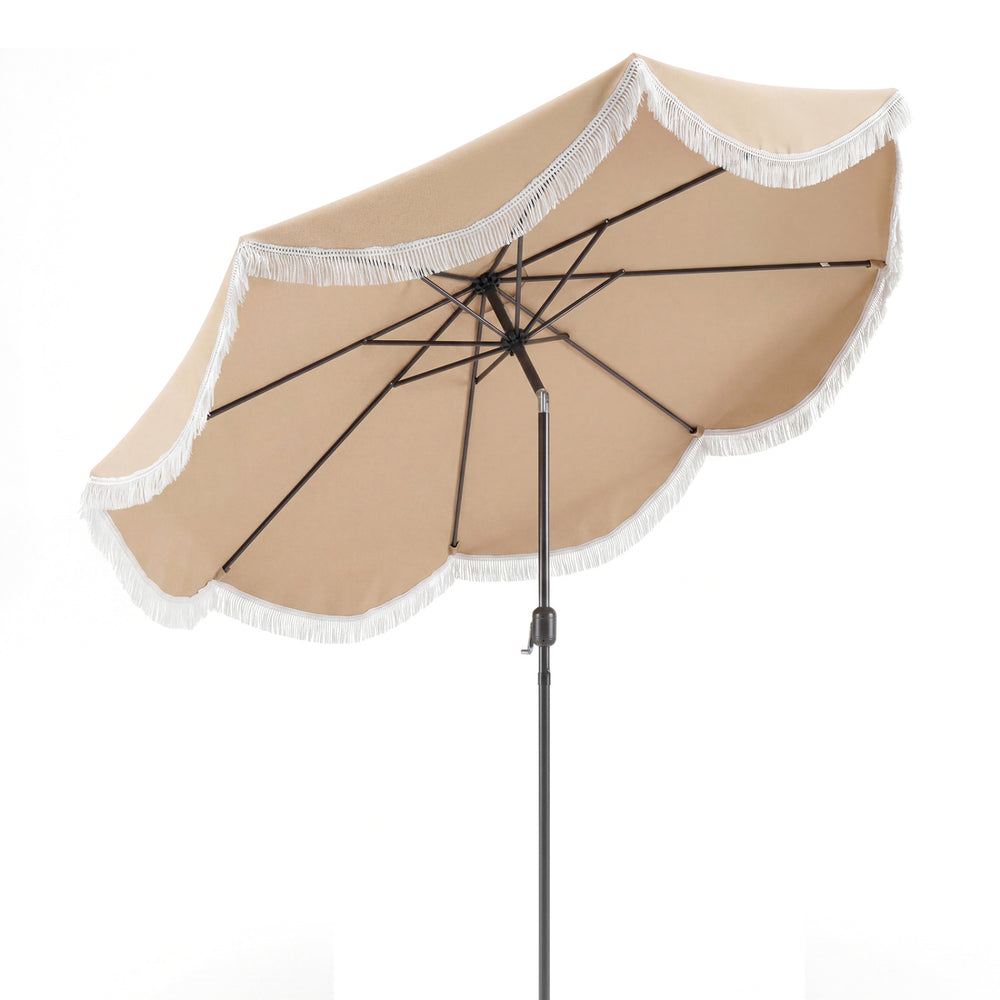 9 FT outdoor tassel umbrella with push button tilt, featuring a vented canopy and robust metal ribs for sun protection.