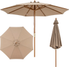 9 FT patio umbrella with brown sun-blocking fabric and sturdy bamboo ribs, perfect for outdoor table coverage.