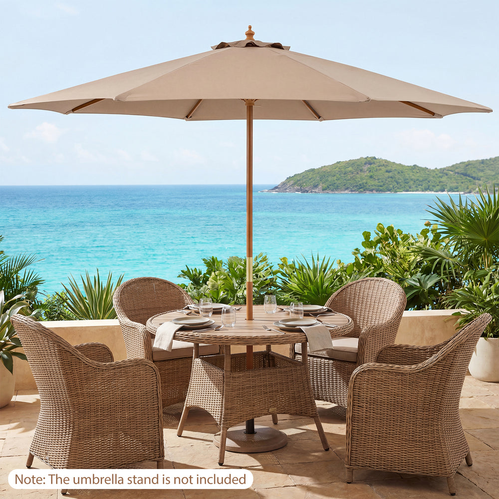 9 FT patio umbrella with brown bamboo ribs, providing sun protection for outdoor dining by the pool.