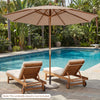9 FT patio umbrella with brown fabric and bamboo ribs, providing sun protection for relaxation by the pool.