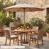 9 FT brown patio umbrella with 8 bamboo ribs, providing sun protection for outdoor table and poolside relaxation.