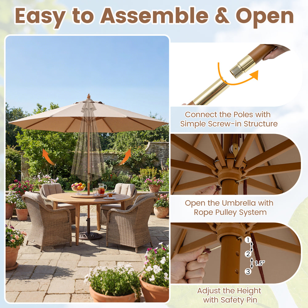 9 FT brown patio umbrella with 8 bamboo ribs, easy assembly, and safety latch for reliable outdoor sun protection.