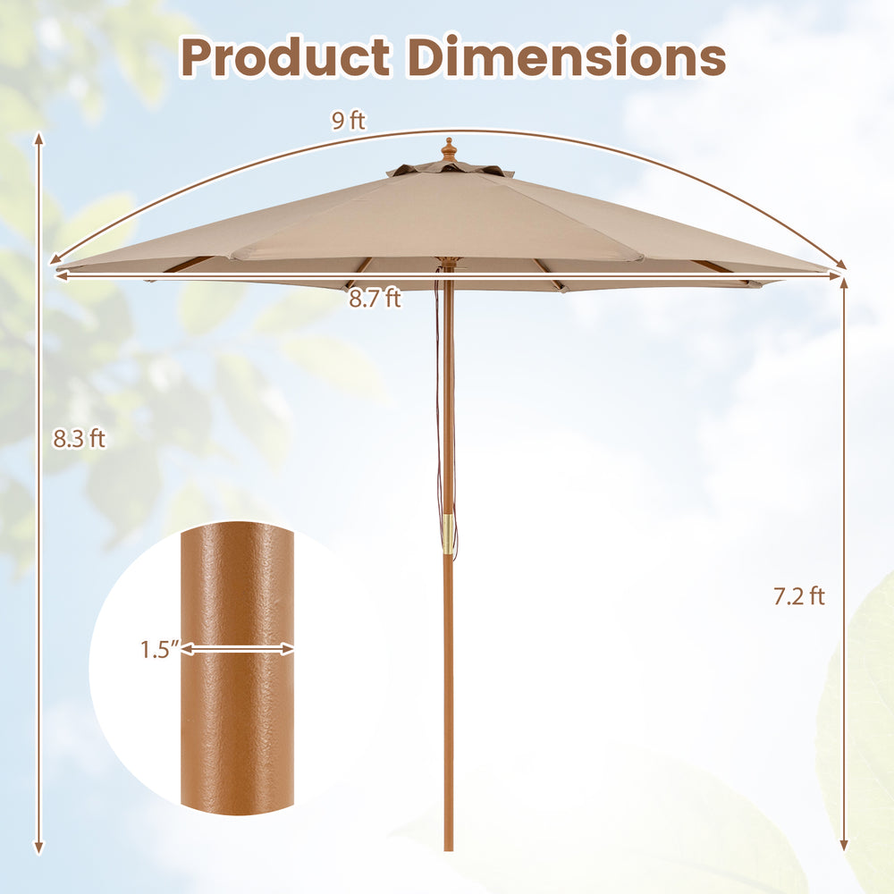 9 FT patio umbrella with 8 sturdy bamboo ribs, featuring a natural finish and 1.5" pole diameter for outdoor table use.
