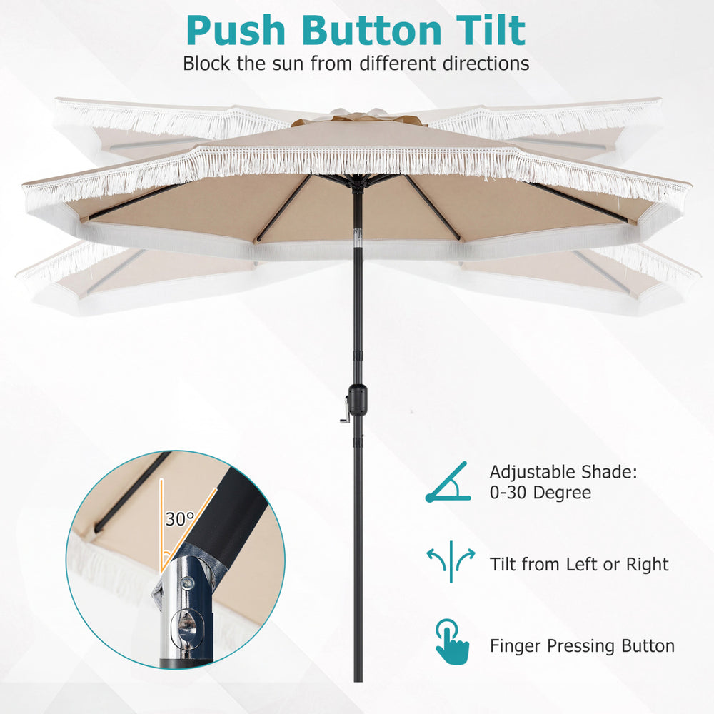 9 FT beige patio umbrella with a sun-protective canopy, featuring a push button tilt and elegant ruffled edges for.