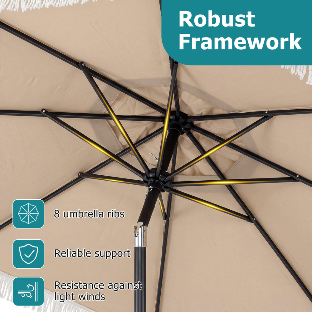 Robust framework of the 9 FT patio umbrella with 8 ribs, offering sun protection and stability against light winds.