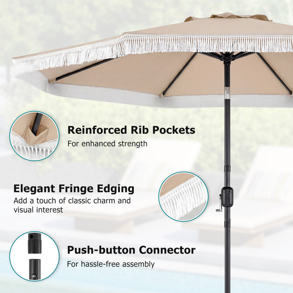 9 FT patio umbrella with beige sun-protective canopy, featuring elegant fringe edging and reinforced rib pockets for.