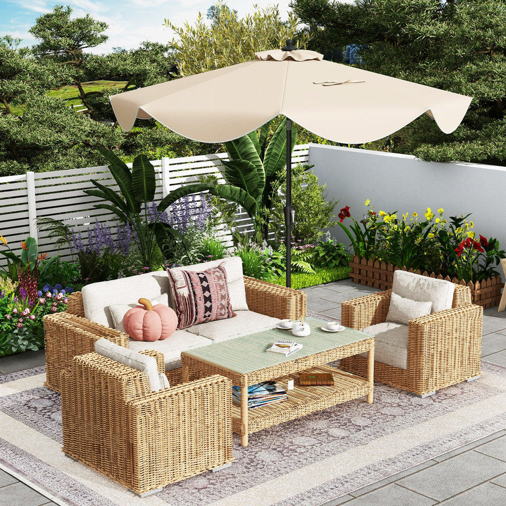 Beige 9 FT patio umbrella with crank handle and tilt feature, designed for easy adjustment and stability in outdoor.
