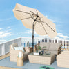9 FT beige patio umbrella with crank handle and push button tilt, ideal for outdoor relaxation and sun protection.