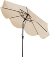Beige 9 FT patio umbrella with crank handle and push button tilt, featuring elegant ruffled edges for outdoor shade.