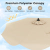 Beige 9 FT patio umbrella canopy showcasing ruffled edges, made of premium polyester, sun-proof and drizzle-resistant.