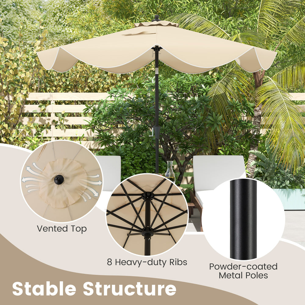 9 FT beige patio umbrella with crank handle, vented top, and 8 heavy-duty ribs for enhanced stability and sun.