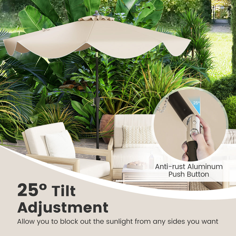 Beige 9 FT patio umbrella with crank handle and 25° tilt adjustment, ideal for blocking sunlight in outdoor spaces.