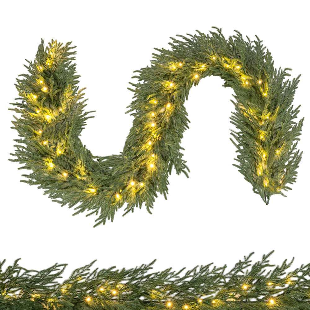 9 FT pre-lit artificial cypress Christmas garland with 50 warm white LED lights, perfect for festive decoration.