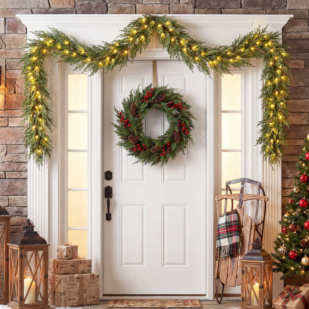 9 FT pre-lit artificial cypress Christmas garland with 50 warm white LED lights, perfect for decorating doors or.