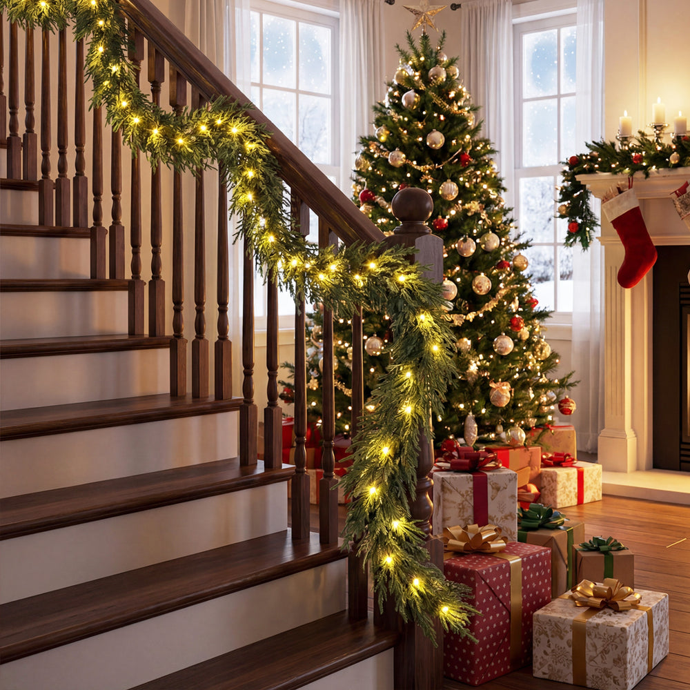9 FT pre-lit artificial cypress Christmas garland with 50 warm white LED lights, perfect for decorating staircases.