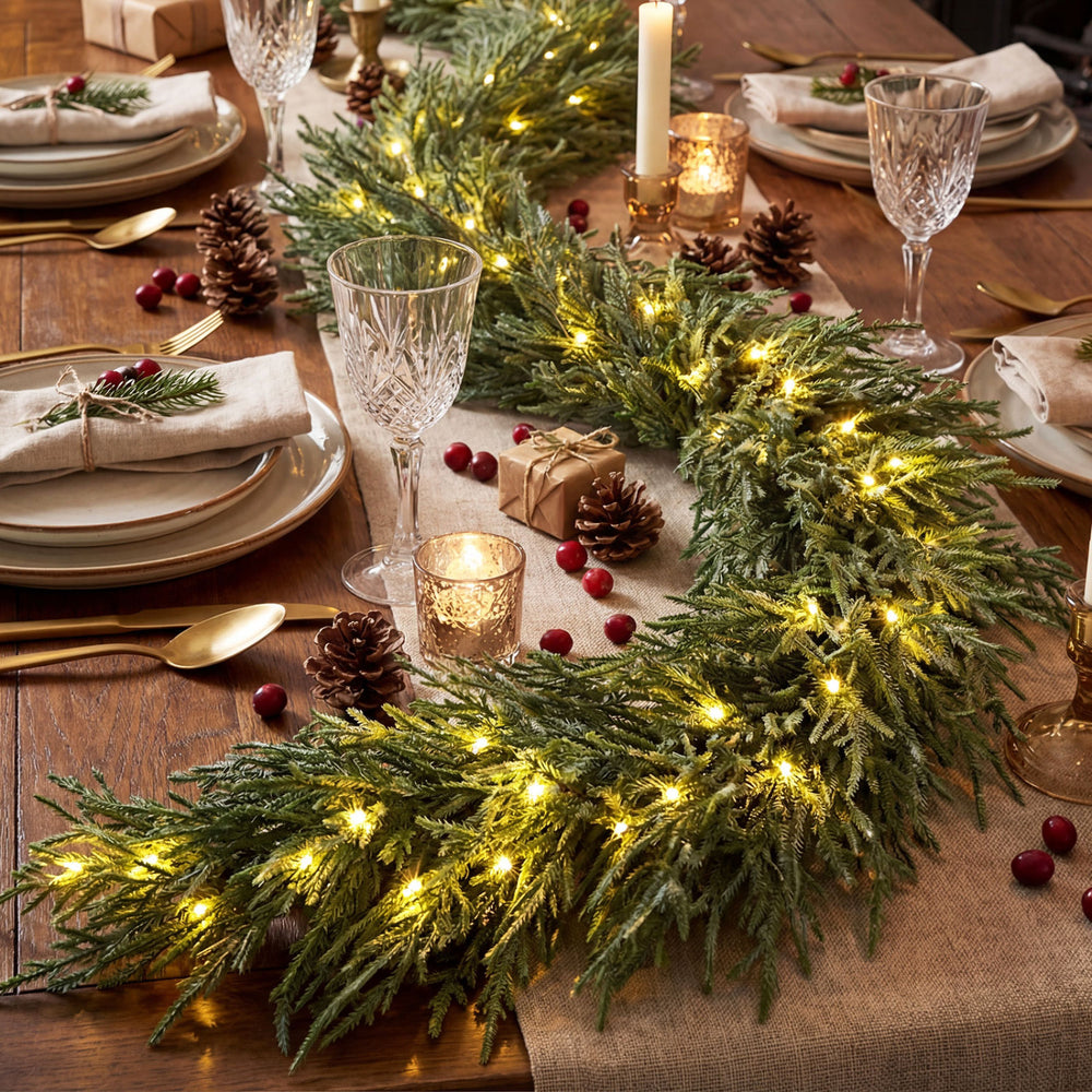 9 FT pre-lit artificial cypress Christmas garland with 50 warm white LED lights, perfect for festive table decor.